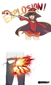 &gt;:) 1boy 1girl :d bad_id bad_tumblr_id belt breasts brown_hair cape casting_spell castration collarbone comic commentary crotch dress english_commentary english_text explosion fingerless_gloves gloves hat highres kono_subarashii_sekai_ni_shukufuku_wo! lower_body megumin meme open_mouth orb outstretched_arms red_dress red_eyes satou_kazuma short_hair simple_background sinensian small_breasts smile staff to_be_continued white_background witch_hat