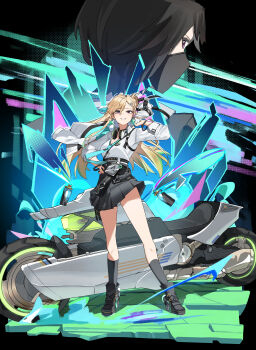 2girls absurdres aqua_necktie arm_up black_shoes black_skirt breasts commentary dark_persona dual_persona earrings full_body hair_ornament hand_on_own_hip headphones headphones_around_neck highres id_card jewelry looking_at_viewer lynae_(wuthering_waves) medium_breasts motor_vehicle motorcycle multiple_girls necktie nun178089 purple_eyes shirt shirt_tucked_in shoes skirt skull_hair_ornament smile standing star_(symbol) star_earrings white_shirt wuthering_waves