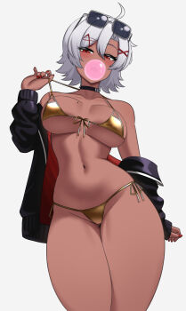 Rule 34 | bikini, bikini tug, black sweater, blowing bubble gum, breasts, chewing gum, cslucaris, dark-skinned female, dark skin, gold bikini, grey hair, hairband, highres, large breasts, looking at viewer, lucille (cslucaris), necktie, original, red eyes, red hairband, red nails, side-tie bikini bottom, solo, stomach, sunglasses, sweater, swimsuit, thick thighs, thighs, white background