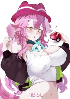 1girl ? animal_ears artist_name bare_shoulders between_breasts black_jacket blush breasts chattino_(raora_panthera) commentary cosplay covered_erect_nipples english_commentary eyeshadow fromabisu green_jacket harmony_(pokemon) harmony_(pokemon)_(cosplay) hat highres holding holding_poke_ball hololive hololive_english jacket large_breasts long_hair makeup midriff multicolored_hair multicolored_jacket navel nintendo open_clothes open_jacket open_mouth panther_ears panther_girl panther_tail pink_eyeshadow pink_hair pink_hat pink_tail poke_ball poke_ball_(basic) pokemon pokemon_legends:_z-a raora_panthera shirt simple_background stomach streaked_hair tail teeth two-tone_hair two-tone_jacket upper_teeth_only virtual_youtuber white_background white_shirt yellow_eyes