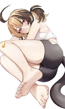 Rule 34 | 1girl, ahoge, ass, bandaid, bandaid on knee, bandaid on leg, bare legs, barefoot, bike shorts, black shorts, blonde hair, blush, brown hair, clothing cutout, commentary, crop top, feet, full body, gigi murin, gigi murin (1st costume), highres, hip vent, hololive, hololive english, legs, looking at viewer, lying, multicolored hair, on side, parted lips, pink hair, short hair, short shorts, short twintails, shorts, simple background, soles, solo, tail, tank top, toenails, toes, twintails, two-tone hair, virtual youtuber, white background, white tank top, wszkii