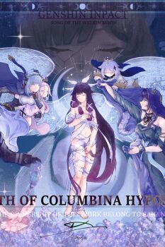 1boy 6+girls absurdres aino_(genshin_impact) android antlers bandaged_arm bandaged_foot bandaged_leg bandages bare_shoulders black_hair blue_hair breasts cleavage closed_eyes closed_mouth columbina_(genshin_impact) dress energy_wings english_text eye_mask flins_(genshin_impact) flower full_body genshin_impact green_dress hair_ornament head_wings highres holding_shawl horns ineffa_(genshin_impact) jiangjundarendegou lantern lauma_(genshin_impact) long_hair long_sidelocks mask multicolored_hair multiple_girls navel paimon_(genshin_impact) pink_hair projected_inset purple_flower purple_hair sandrone_(genshin_impact) see-through_clothes see-through_mask shawl short_hair sidelocks thighhighs very_long_hair white_hair white_mask white_wings wings x_hair_ornament