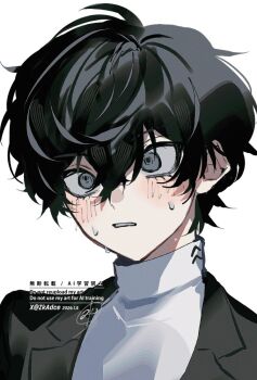 1boy amamiya_ren black_hair black_jacket grey_eyes hair_between_eyes jacket lower_eyelashes_only male_focus persona persona_5 school_uniform shuujin_academy_school_uniform signature simple_background solo sweat twitter_username upper_body white_background zeka_(skzk_cm)