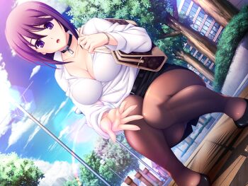 1girl :o bag belt bracelet breasts brown_pantyhose bush choker cleavage cloud collar collarbone day dutch_angle game_cg handbag high_heels jewelry lamppost large_breasts large_variant_set lens_flare looking_at_viewer miniskirt nerawareta_megami_tenshi_angel_tear non-web_source office_lady official_art open_mouth outdoors panties panties_under_pantyhose pantyhose pantyshot pencil_skirt purple_eyes purple_hair shirt shizumi_suzune short_hair skirt sky solo squatting teacher tree tsukumo_kazuita underwear upskirt variant_set watch white_shirt wristwatch