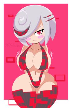 1girl arms_behind_back bare_shoulders blush_stickers border breasts cleavage closed_mouth collarbone expressionless glitch hair_over_one_eye jitome large_breasts looking_at_viewer motion_lines multicolored_hair navel no_lineart oppai_loli pink_background red_eyes red_hair sage_(sonic) short_hair simple_background slingshot_swimsuit solo sonic_(series) sonic_frontiers straight-on streaked_hair swimsuit thick_thighs thighs white_border white_hair yelladrill