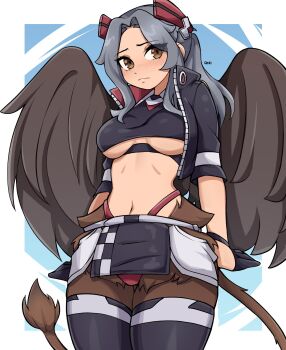 1girl arms_at_sides black_gloves black_jacket black_skirt black_thighhighs black_wings blush body_fur border breasts brown_eyes brown_fur closed_mouth commentary commission cowboy_shot crop_top english_commentary gloves grey_hair hair_ornament highleg highleg_panties highres jacket long_hair looking_at_viewer medium_breasts oninuer open_clothes open_jacket original outside_border panties red_panties short_sleeves skirt solo stomach tail thighhighs underwear white_border wings zipper
