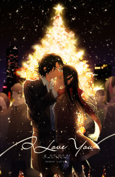 Rule 34 | 1boy, 1girl, absurdres, black hair, black suit, blurry, blurry background, christmas tree, coat, crowd, dated, formal clothes, gokusen, hetero, highres, jewelry, kiss, long hair, necklace, outdoors, red scarf, ring, sadistjolt, sawada shin, scarf, suit, ticket, yamaguchi kumiko