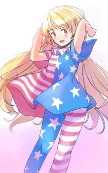 1girl :d american_flag american_flag_legwear american_flag_print american_flag_shirt arms_up blonde_hair clownpiece commentary_request feet_out_of_frame flag_print hands_in_own_hair light_blush long_hair no_headwear open_mouth pink_background print_shirt rangycrow red_eyes shirt short_sleeves sideways_glance smile solo touhou
