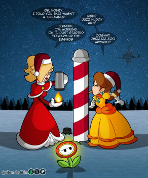 2girls annoyed blonde_hair blue_eyes brown_hair candy candy_cane christmas_tree dress earrings fire fire_flower fire_rosalina flower_earrings food full_body hair_over_one_eye hat highres jewelry mario_(series) multiple_girls night night_sky nintendo orange_dress princess_daisy puffy_short_sleeves puffy_sleeves rosalina santa_hat short_sleeves sky snow speech_bubble stuck tomboy tongue tongue_out top_hat witch