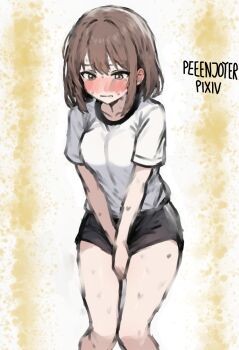 1girl black_shorts blush breasts brown_eyes brown_hair clenched_teeth collarbone crotch_grab gym_uniform have_to_pee knees_together_feet_apart looking_down medium_breasts original peeenjoyer shirt short_hair short_sleeves shorts standing striped_background sweat tears teeth white_background white_shirt