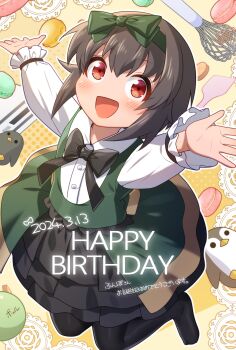 1boy :d absurdres arms_up ayumu_(fun_bo) ball black_pantyhose black_ribbon black_skirt blue_socks blush bow bow_hairband brown_hair collared_shirt commentary_request crossdressing crossdressing_(mtf) food frilled_skirt frilled_sleeves frilled_socks frills green_bow green_hairband green_overskirt hair_flaps hairband halftone happy_birthday highres jumping kneehighs lace long_sleeves macaron male_focus neck_ribbon open_mouth original outline outstretched_arms pantyhose puffy_long_sleeves puffy_sleeves red_eyes ribbon sahuyaiya shirt short_hair skirt smile socks solo spread_arms stuffed_animal stuffed_penguin stuffed_toy thighhighs whisk white_outline white_shirt yellow_background