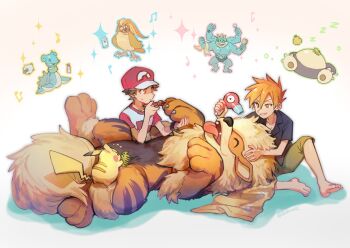 Rule 34 | 2boys, arcanine, barefoot, black shirt, blue oak, collared shirt, comb, flying sweatdrops, gen 1 pokemon, green pants, hair dryer, hat, holding, huan li, lapras, machamp, male focus, multiple boys, musical note, nintendo, pants, parted lips, pet nail clippers, pidgeot, pikachu, pokemon, pokemon (creature), pokemon sm, raglan sleeves, red (pokemon), red headwear, shirt, short hair, short sleeves, sitting, smile, snorlax, sparkle, spiked hair, toes