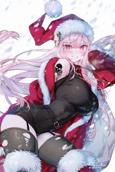 1girl absurdres arm_behind_head arm_tattoo black_shorts blush breasts christmas covered_navel highres hololive hololive_english kamiya_maneki large_breasts long_hair looking_at_viewer lying mori_calliope on_side pink_eyes pink_hair santa_costume shorts skin_tight smile solo tattoo teeth thighhighs thighs torn_clothes torn_thighhighs