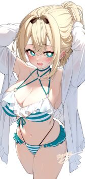 1girl alternate_breast_size alternate_costume aqua_eyes arms_behind_head arms_up bikini bird black_hairband blonde_hair blue_bikini breasts cleavage commentary criss-cross_halter cropped_legs darjeeling_(reley) double-parted_bangs frilled_bikini frills front-tie_bikini_top front-tie_top hair_between_eyes hairband halterneck highleg highleg_bikini highres hololive jacket java_sparrow kazama_iroha large_breasts looking_at_viewer multi-strapped_bikini_bottom multi-strapped_bikini_top navel o-ring o-ring_bikini open_clothes open_jacket open_mouth short_hair simple_background solo stomach striped_bikini striped_clothes swimsuit symbol-only_commentary virtual_youtuber wavy_mouth white_background white_java_sparrow