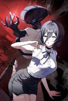1girl absurdres apron black_apron black_choker black_gloves black_hair black_ribbon black_shorts bomb_devil_(chainsaw_man) chainsaw_man choker collared_shirt dynamite elbow_gloves explosive gloves green_eyes grenade_pin hair_between_eyes hair_bun highres neck_ribbon q_(llll4414_j) reze_(chainsaw_man) ribbon shirt shirt_tucked_in short_shorts shorts sleeveless sleeveless_shirt white_shirt