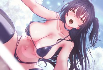 1girl :o ahoge arbiter1 azur_lane bikini black_bikini black_hair black_thighhighs blush breasts brown_eyes cleavage collarbone commentary_request convenient_censoring hair_between_eyes highres large_breasts lens_flare light_censor long_hair looking_at_viewer navel open_mouth saliva snow swimsuit taihou_(azur_lane) taihou_(enraptured_companion)_(azur_lane) teeth thighhighs upper_teeth_only winter