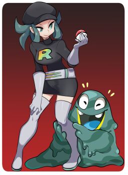 1girl ^^^ alolan_form alolan_grimer belt boots dress full_body gen_1_pokemon gen_7_pokemon gloves green_eyes green_hair grimer hand_on_own_knee hat highres looking_at_another missandydandy nintendo poke_ball poke_ball_(basic) pokemon pokemon_usum short_dress smile solo standing sweater team_rainbow_rocket_grunt thigh_boots turtleneck turtleneck_sweater