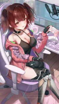 1girl absurdres black_choker black_pants black_shirt breasts brown_eyes brown_hair chair choker cleavage computer_keyboard controller game_controller gaming_chair hair_ornament highres holding holding_controller holding_game_controller hololive hood hoodie kamisaka_shyou looking_at_viewer medium_breasts microphone obs_studio open_clothes open_hoodie open_mouth pants pink_hoodie roboco-san roboco-san_(open_pink_hoodie) shirt solo swivel_chair two_side_up virtual_youtuber x_hair_ornament