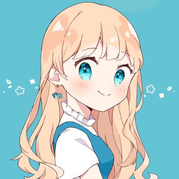 1girl aqua_background aqua_eyes aqua_vest blonde_hair blue_eyes blush closed_mouth collar collared_shirt commentary_request earrings flower_earrings frilled_collar frills from_side highres ibispaint_(medium) jewelry long_hair looking_at_viewer looking_to_the_side mole mole_under_eye napo_(napo_illust) no_nose original shirt short_sleeves simple_background smile solo split_mouth turning_head upper_body variant_set vest white_shirt