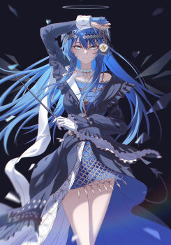 Rule 34 | 1girl, absurdres, arknights, blue dress, blue gloves, blue hair, chinese commentary, closed mouth, commentary request, dress, gloves, hair between eyes, halo, highres, holding, holding pocket watch, holding wand, horns, innoarukugyou, long hair, mostima (arknights), mostima (ethereal harmony) (arknights), pocket watch, smile, solo, wand, watch, white gloves