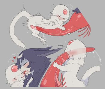 black_eyes blush body_fur closed_eyes creature feathers forehead_jewel french_kiss gem grey_background half-closed_eyes harpy highres interspecies jejejunum kiss large_penis monster monster_girl nethermare oral orgasm original penis pink_gemstone proboscis purple_feathers purple_hair secret_(jejejunum) see-through_body sex simple_background spirit sweat tongue whisper_(jejejunum) white_fur white_tail