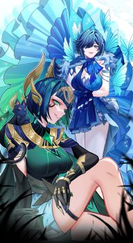 2girls ancient_egyptian_clothes ashru_(genshin_impact) black_gloves blue_dress blue_gloves blue_hair blue_ribbon breasts cat claw_ring dress ear_covers elbow_gloves facial_mark feather_boa gem genshin_impact gloves green_dress green_eyes green_gemstone green_hair hairband headgear highres large_breasts looking_at_viewer mole mole_on_breast multiple_girls nefer_(genshin_impact) ribbon short_hair smile thigh_strap viviwi yelan_(genshin_impact) yelan_(tranquil_banquet)_(genshin_impact)