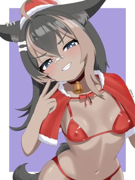 Rule 34 | 1girl, absurdres, animal ears, bandaid, bandaid on face, bandaid on nose, bell, bikini, black hair, blue eyes, border, breasts, brown hair, capelet, choker, christmas, dark-skinned female, dark skin, dog ears, dog girl, dog tail, grin, hat, highres, indie virtual youtuber, inward v, kamiko kana, kamiko kana (wolfdog), long hair, looking at viewer, multicolored hair, navel, neck bell, purple background, red bikini, red capelet, santa hat, simple background, small breasts, smile, stomach, streaked hair, swimsuit, taffy 03, tail, two-tone hair, v, v-shaped eyebrows, virtual youtuber, white border