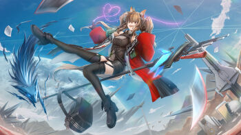 Rule 34 | 1girl, :d, angelina (arknights), animal ear fluff, animal ears, arknights, arknights: endfield, bare shoulders, belt, black boots, black thighhighs, block heels, boots, breasts, brown hair, chromatic aberration, cloud, coat, commentary request, crudefish, day, dot nose, drawn heart, dress, dutch angle, fang, floating, fold-over boots, fox, fox ears, fox girl, fox tail, full body, gilberta (arknights), grey dress, hair between eyes, headpiece, high belt, high collar, highres, impossible clothes, impossible dress, long hair, long sleeves, medium breasts, moon, open clothes, open coat, open mouth, originium (arknights), originium arts (arknights), outdoors, paper, red coat, science fiction, short dress, smile, solo, sparkle, staff, tail, thighhighs, twintails, v, zettai ryouiki