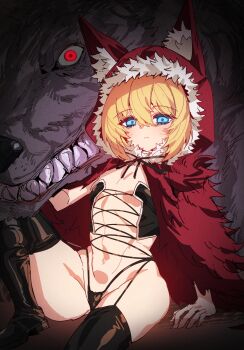 1girl absurdres animal_ear_fluff animal_ear_hood animal_ears animal_hood black_boots black_panties black_ribbon black_souls blonde_hair blue_eyes boots breasts cape closed_mouth commentary english_commentary fake_animal_ears fur-trimmed_hood fur_trim hair_between_eyes highleg highleg_panties highres hood hood_up hooded_cape knee_up long_bangs looking_at_viewer panties petite poro_(black_souls) rayno red_cape red_eyes red_hood red_hood_(black_souls) revealing_clothes ribbon sharp_teeth short_hair sitting small_breasts solo_focus teeth thigh_boots underwear wolf wolf_ears wolf_hood