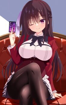 1girl ;) absurdres black_bow black_bowtie black_pantyhose blush bow bowtie breasts brown_hair buttons card closed_mouth collared_shirt commentary_request corset couch cropped_jacket crossed_legs double-breasted eyelashes feet_out_of_frame frilled_skirt frilled_sleeves frills hair_between_eyes hair_over_shoulder hand_up haruoto_alice_gram highres holding holding_card indoors jacket juliet_sleeves large_breasts long_hair long_sleeves looking_at_viewer miniskirt on_couch one_eye_closed open_clothes open_jacket pantyhose pleated_skirt puffy_sleeves red_corset red_eyes red_jacket rindou_yaya sakuratoru school_uniform shirt sidelocks sitting skirt smile solo split_mouth straight_hair thighs very_long_hair white_shirt white_skirt wide_sleeves