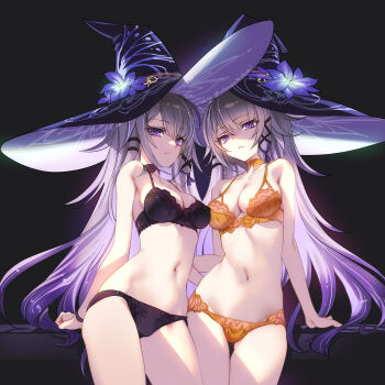 2girls bare_shoulders black_bra black_hat black_panties bra breasts choco_(chocolate_shop) choker cleavage dual_persona flower grey_hair hat hat_flower herta_(honkai:_star_rail) highres honkai:_star_rail honkai_(series) long_hair looking_at_viewer medium_breasts multiple_girls navel orange_bra orange_panties panties purple_eyes sidelocks the_herta_(honkai:_star_rail) thighs underwear witch_hat