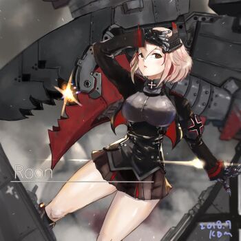 1girl armband azur_lane black_armband black_jacket black_skirt blonde_hair breasts brown_eyes buttons character_name commentary cropped_jacket dated double-breasted framed_breasts hair_between_eyes headgear highres jacket large_breasts long_sleeves mechanical_hands miniskirt multicolored_hair neko_no_kedama non-humanoid_robot open_clothes open_jacket pleated_skirt red_streaks robot robot_animal roon_(azur_lane) short_hair skirt solo streaked_hair two-tone_hair