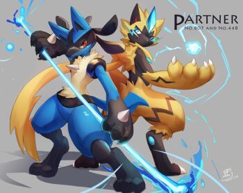 animal_ears black_eyes blue_eyes bone cat_ears claws english_text full_body furry gen_4_pokemon gen_7_pokemon legendary_pokemon lucario mao.j multicolored_fur mythical_pokemon nintendo pokemon pokemon_(creature) red_eyes smile spikes standing tail whiskers wolf_ears wolf_tail zeraora