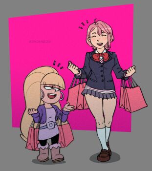 2girls bag black_jacket blonde_hair boots bow bowtie breasts brown_boots commentary crossover dandadan dress earrings english_commentary gravity_falls holding holding_bag hoop_earrings jacket jewelry jinjango kneehighs loafers medium_breasts microskirt multiple_girls open_mouth pacifica_northwest pink_hair purple_dress purple_jacket red_bow red_bowtie school_uniform shiratori_aira_(dandadan) shoes shopping_bag short_hair skirt smile socks twitter_username white_socks