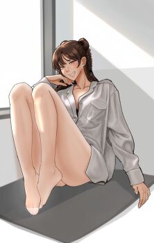 Rule 34 | 1girl, blush, braid, breasts, brown hair, cleavage, collarbone, feet, full body, hand up, highres, indoors, knees up, legs, long legs, long sleeves, looking at viewer, no pants, no shoes, original, pantyhose, partially unbuttoned, shadow, shirt, sitting, skkkkkk12, smile, smug, solo, toenails, toes, white pantyhose, white shirt, window