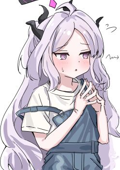 1girl absurdres ahoge black_halo blue_archive blush demon_girl demon_horns flat_chest halo highres hina_(blue_archive) horns long_hair mazemaze_0 overalls purple_hair shirt simple_background solo upper_body very_long_hair white_background white_hair white_shirt