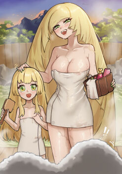 ! !! 2girls :d absurdres alternate_breast_size_(larger) bing_huyue blonde_hair breasts collarbone commentary eyelashes fence green_eyes hand_on_another&#039;s_head happy highres holding holding_brush lillie_(pokemon) long_hair looking_at_viewer lusamine_(pokemon) mother_and_daughter multiple_girls naked_towel nintendo onsen open_mouth outdoors pokemon pokemon_sm sky smile steam teeth towel upper_teeth_only