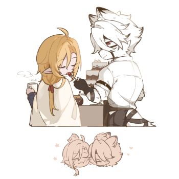 2boys :< animal animal_ear_fluff animal_ears animal_on_head bags_under_eyes bicep_strap bird bird_on_head black_gloves black_pants blonde_hair blush body_fur cake cherry closed_eyes closed_mouth colored_tips cup feeding fingerless_gloves food fork fruit furry furry_male furry_with_non-furry gloves hair_between_eyes hair_ornament heart highres holding holding_cup holding_fork hugo_vlad interspecies licking licking_another's_face long_hair male_focus mole mole_under_eye multicolored_hair multiple_boys muzzle_(mask) on_head open_mouth pants pointy_ears rabbit rabbit_on_head red_eyes robe sashacall shirt short_hair sleeves_rolled_up smock star_(symbol) steam tail tail_belt tongue tongue_out von_lycaon white_background white_fur white_hair white_robe white_shirt wolf_boy wolf_ears wolf_tail yaoi zenless_zone_zero