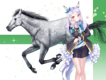 Rule 34 | 1girl, animal ears, aqua bow, black jacket, black skirt, blush, bow, bowtie, closed mouth, coat, commentary request, creature and personification, ear bow, ear ribbon, frilled coat, frilled jacket, frills, horse, horse ears, horse girl, horse tail, jacket, long hair, long sleeves, looking at viewer, mejiro mcqueen (frontline elegance) (umamusume), mejiro mcqueen (racehorse), mejiro mcqueen (umamusume), personification, pleated skirt, purple eyes, purple hair, real life, ribbon, shirt, skirt, smile, striped clothes, striped shirt, sugimotty nova, tail, umamusume