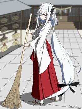 Rule 34 | 1girl, akimus0809, alternate costume, bamboo broom, black eyes, black ribbon, blurry, blurry background, box, breasts, broom, butterfly hair ornament, closed mouth, commentary request, dated, donation box, echidna (re:zero), ema, from behind, full body, hair between eyes, hair ornament, hair ribbon, hakama, hakama skirt, highres, holding, holding broom, japanese clothes, kimono, kouhaku nawa, long hair, long sleeves, looking at viewer, looking back, low-tied long hair, miko, outdoors, ponytail, re:zero kara hajimeru isekai seikatsu, red hakama, ribbon, rope, sandals, shide, shimenawa, shrine, sidelocks, skirt, smile, socks, solo, standing, tabi, very long hair, white hair, white kimono, white socks, wide sleeves, zouri