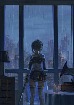 1girl absurdres arm_strap blue_gemstone blue_hair blue_skirt blue_sleeves blue_theme breasts buttons candle candlelight cape city_lights cityscape commentary crying detached_sleeves diamond_button dim_lighting drawer faceless feet_out_of_frame fortissimo gem gloves hair_ornament highres holding holding_sword holding_weapon indoors lamp long_sleeves magical_girl mahou_shoujo_madoka_magica mahou_shoujo_madoka_magica_(anime) miki_sayaka miki_sayaka_(magical_girl) musical_note musical_note_hair_ornament night phonograph pleated_skirt rain ribbon shaded_face shionoji08 shirt short_hair skirt solo soul_gem standing stomach_jewel strapless strapless_shirt sword table tablecloth tears thighhighs vinyl_record weapon white_cape white_gloves white_shirt white_thighhighs window yellow_ribbon zettai_ryouiki