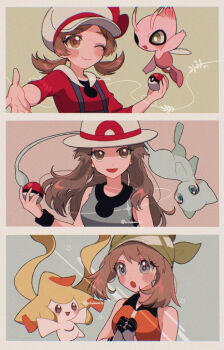 3girls :d :o ;d bandana blue_shirt brown_eyes brown_hair celebi gen_1_pokemon gen_2_pokemon gen_3_pokemon gloves green_bandana grey_gloves hat holding holding_poke_ball jirachi leaf_(pokemon) legendary_pokemon long_hair lyra_(pokemon) may_(pokemon) mew_(pokemon) mikakami1e multiple_girls mythical_pokemon nintendo one_eye_closed open_mouth orange_shirt own_hands_clasped own_hands_together poke_ball pokemon pokemon_(creature) pokemon_emerald pokemon_frlg pokemon_hgss pokemon_rse red_shirt shirt signature sleeveless sleeveless_shirt smile split_screen twintails upper_body white_hat wristband