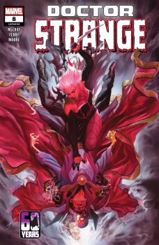 1girl 2boys absurdres alex_ross black_dress black_gloves black_pants black_shoes blue_robe brown_hair cape character_request clea_strange colored_skin comic_cover copyright_logo copyright_name cover cover_page dagger doctor_strange doctor_strange_(series) dress english_text facial_hair floating_hair gloves highres holding holding_dagger holding_knife holding_weapon husband_and_wife knife logo marvel mature_male multiple_boys official_art open_mouth pants purple_bodystocking red_cape red_skin robe shoes short_hair triclops upside-down weapon western_comics_(style) white_hair