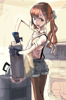 Rule 34 | 1girl, apron, blue eyes, brown hair, brown pantyhose, denim, denim shorts, female focus, green eyes, hairband, open mouth, original, pantyhose, pantyhose under shorts, ponytail, shorts, solo, suspenders, uturo