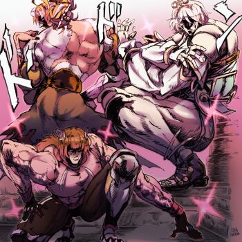 3girls absurdres ahoge araki_hirohiko_(style) battle_tendency brown_hair cecilia_immergreen chaleko detached_sleeves doll_joints double_bun grey_hair hair_bun highres hololive hololive_english hololive_indonesia hood hoodie joints jojo_no_kimyou_na_bouken kureiji_ollie multiple_girls muscular muscular_female parody pink_hoodie red_hair roboco-san signature stitches the_pillar_men_awaken virtual_youtuber winding_key