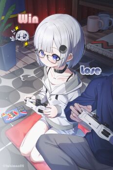 1boy 1girl absurdres belt_collar black-framed_eyewear black_collar black_nails blue_shirt blunt_ends bob_cut cellphone collar collarbone collarbone_piercing commentary_request controller cup ear_piercing ena_(tsukiman) game_controller glasses grey_hair grey_hoodie grey_pants grey_shorts hair_ornament highres holding holding_controller holding_game_controller hood hood_down hoodie indoors jewelry long_sleeves mug nail_polish original pants phone piercing playing_games purple_eyes ring shirt short_hair shorts sitting solo_focus tsukiman white_shirt