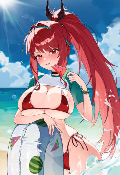 1girl absurdres bikini breasts clothes_lift commentary food goddess_of_victory:_nikke gozero highres large_breasts long_hair official_alternate_costume official_alternate_design official_alternate_hair_color official_alternate_hairstyle ponytail popsicle rapi_(nikke) rapi_(red_hood)_(nikke) rapi_(red_hood)_(red_flavor)_(nikke) red_bikini red_eyes red_hair revision shirt_lift solo swim_ring swimsuit thighs water watermelon_bar