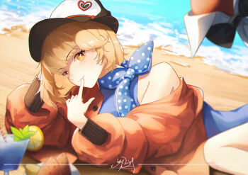 1girl absurdres apple apple_(reverse:1999) beach black_bow black_bowtie blonde_hair blue_dress blue_neckerchief bow bowtie dress drink finger_to_mouth food fruit hands_up hat head_rest highres index_finger_raised jacket looking_at_viewer lying neckerchief newsboy_cap ocean on_side orange_eyes polka_dot_necktie procreate_(medium) red_jacket regulus_(reverse:1999) reverse:1999 sand short_hair single_bare_shoulder single_off_shoulder sleeveless sleeveless_dress smile solo traditional_bowtie upper_body yyby