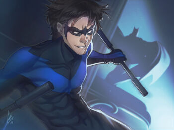 2boys abs batman batman_(series) black_hair bodysuit bruce_wayne cape dc_comics dick_grayson domino_mask escrima_stick eye_mask father_and_son gargoyle gloves highres male_focus mask multiple_boys muscular nightwing smile teeth