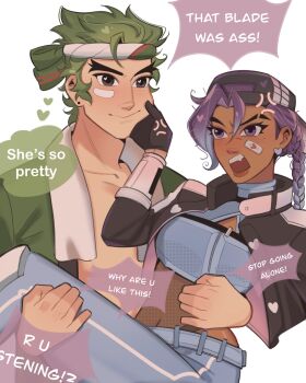 1boy 1girl anger_vein angry arguing backwards_hat bandaid bandaid_on_face baseball_cap black_gloves black_hair black_jacket blue_pants blue_sports_bra blush brown_eyes carrying carrying_person cheek_pinching cleavage_cutout closed_mouth clothing_cutout couple cropped_jacket dark-skinned_female dark_skin english_text eyebrow_cut fang fishnet_leotard fishnets genji_(overwatch) gloves hat headband heart hetero highres interracial jacket kaiwankon leotard leotard_under_clothes open_clothes open_jacket open_mouth overwatch pants pinching princess_carry purple_eyes purple_hair simple_background slay_star_sombra smile sombra_(overwatch) sparrow_genji speech_bubble sports_bra thought_bubble white_background
